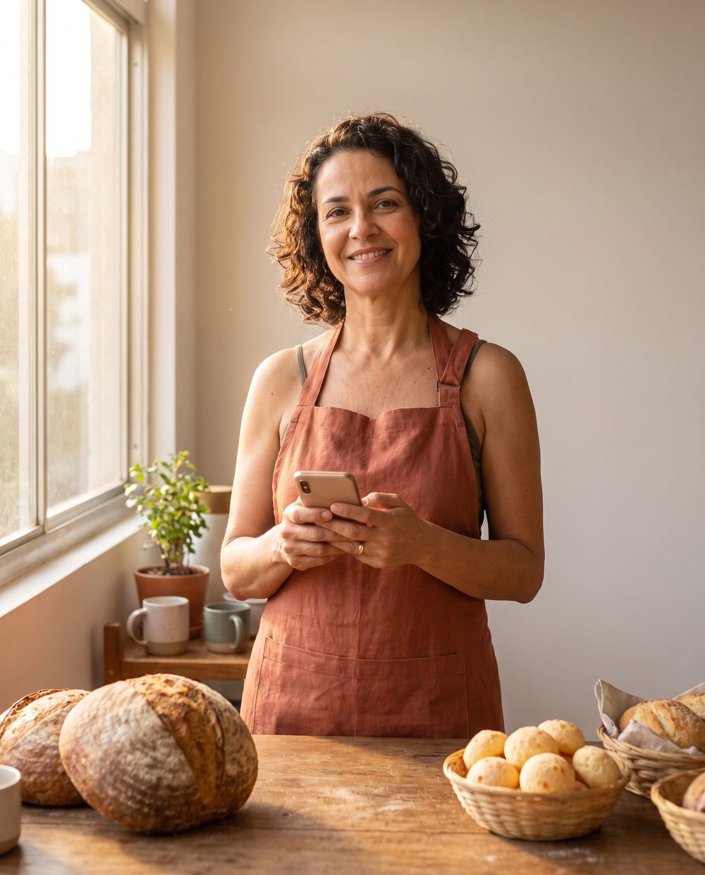 Dona de padaria sorrindo atrás do balcão com pães, segurando o celular