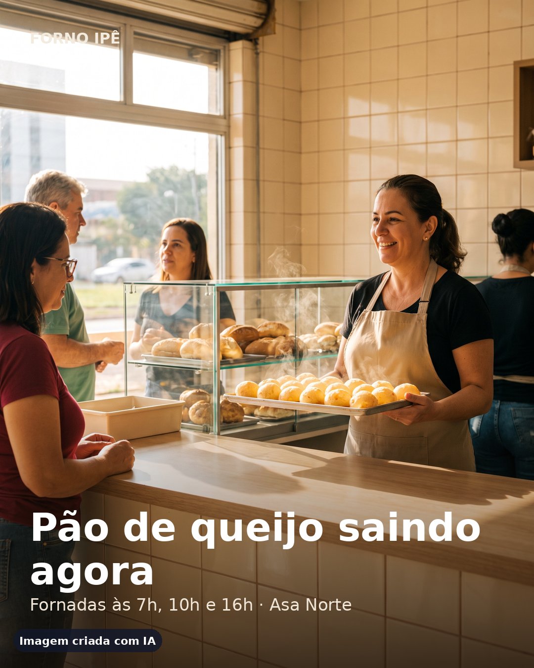 Post de feed: dona da padaria sorrindo atrás do balcão, título Pão de queijo saindo agora