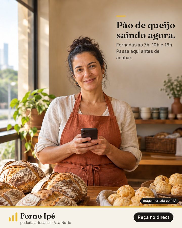 Post da padaria Forno Ipê: dona sorrindo atrás do balcão, título Pão de queijo saindo agora